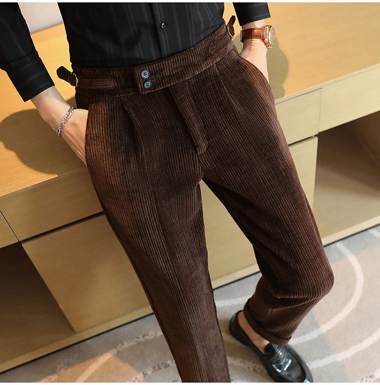 Nuevo pantalón informal de cintura alta de felpilla napolitana de lujo ligero para hombres, pantalón de vestir para hombres de ajuste delgado con sensación premium, pantalón