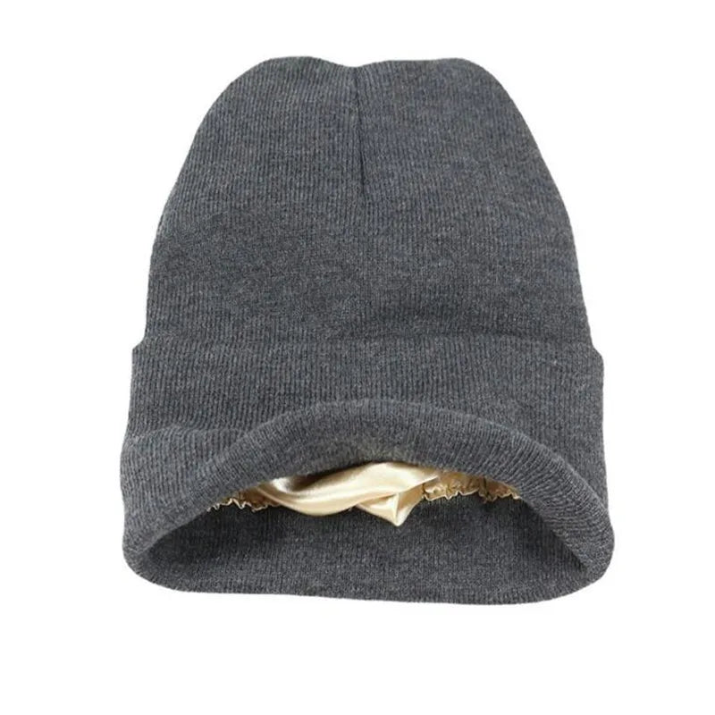 Bonnet tricoté pour femme, doublé de satin de soie, bonnet épais, chaud, hiver, pour femme et homme, bonnet Skullies, cagoule