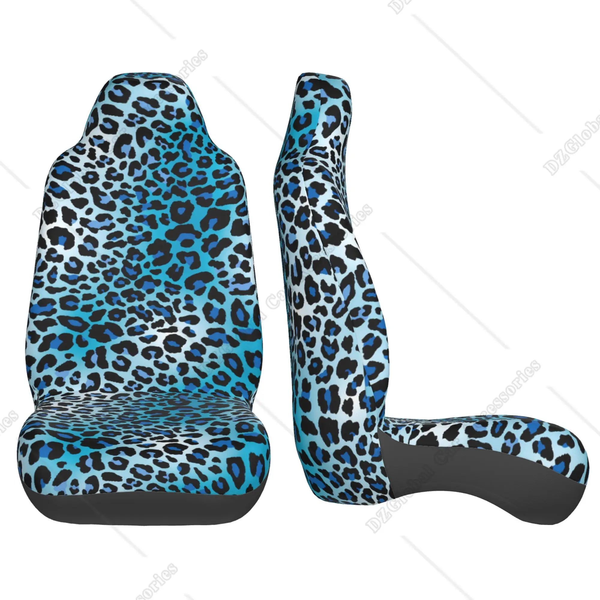 Housses de siège auto à imprimé léopard bleu pour hommes et femmes. Confortables et universelles, elles protègent les sièges avant baquets.