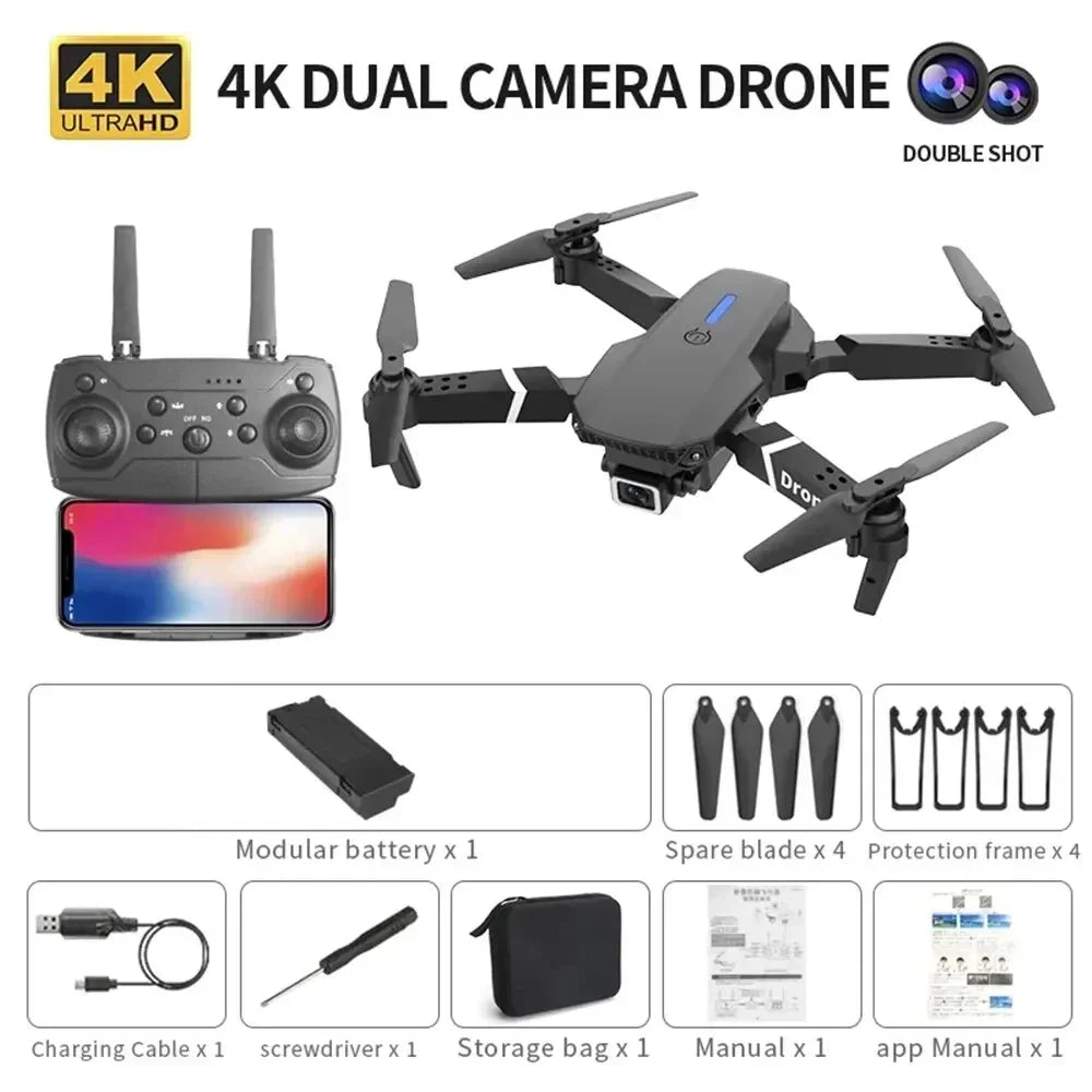 Dron profesional 4K de gran angular E88 con cámara HD WiFi FPV retención de altura cuadrotor RC plegable para juguetes infantiles