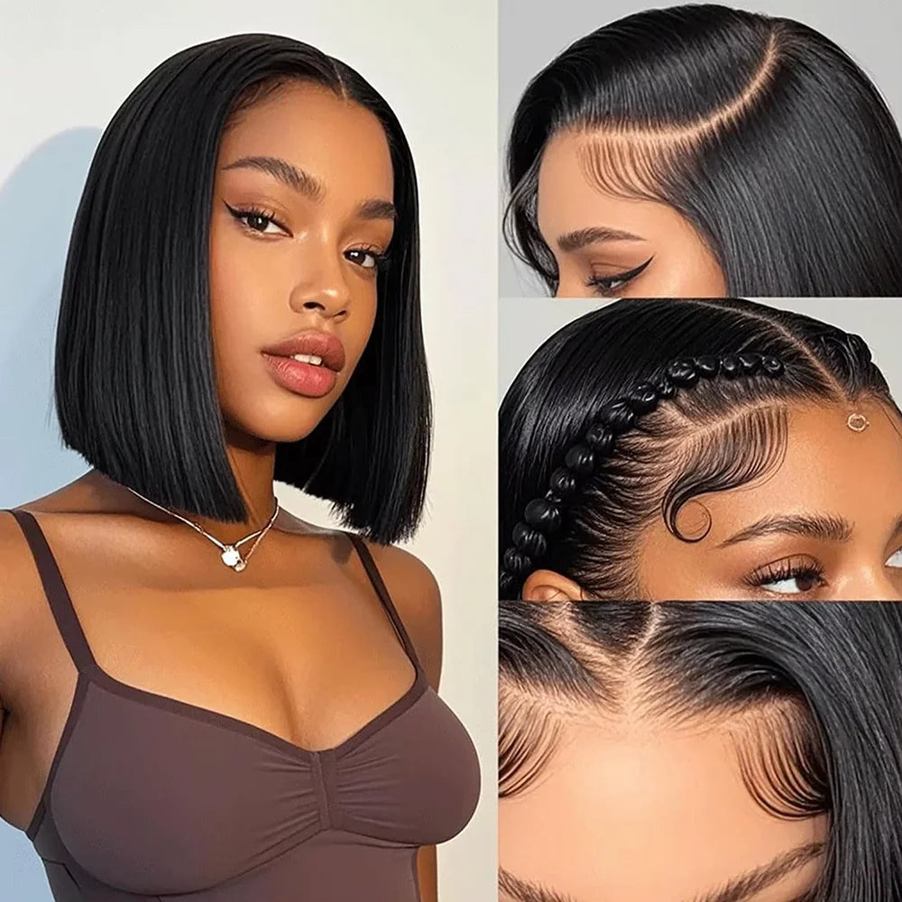 Short Bob Wigs Bone Straight 13x4 Hd Lace Front Wig Pre Cut Glueless Wig Human Hair Ready to Wear And Go 220% Density