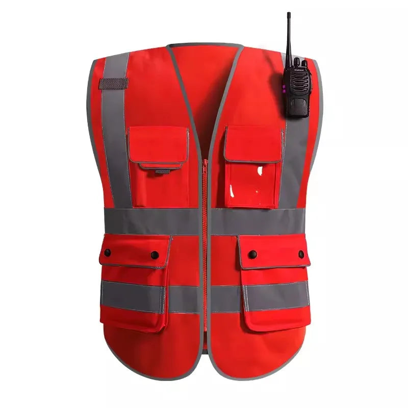 Chaleco de seguridad para hombre, chaleco de construcción, ropa de trabajo con múltiples bolsillos y cremallera