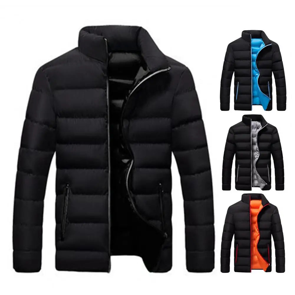 Stand Collar Men Jacket Stylish Men's Cotton Jacket Warm Winter Coat with Stand Collar Zipper Pocket Casual Loose Fit for Autumn