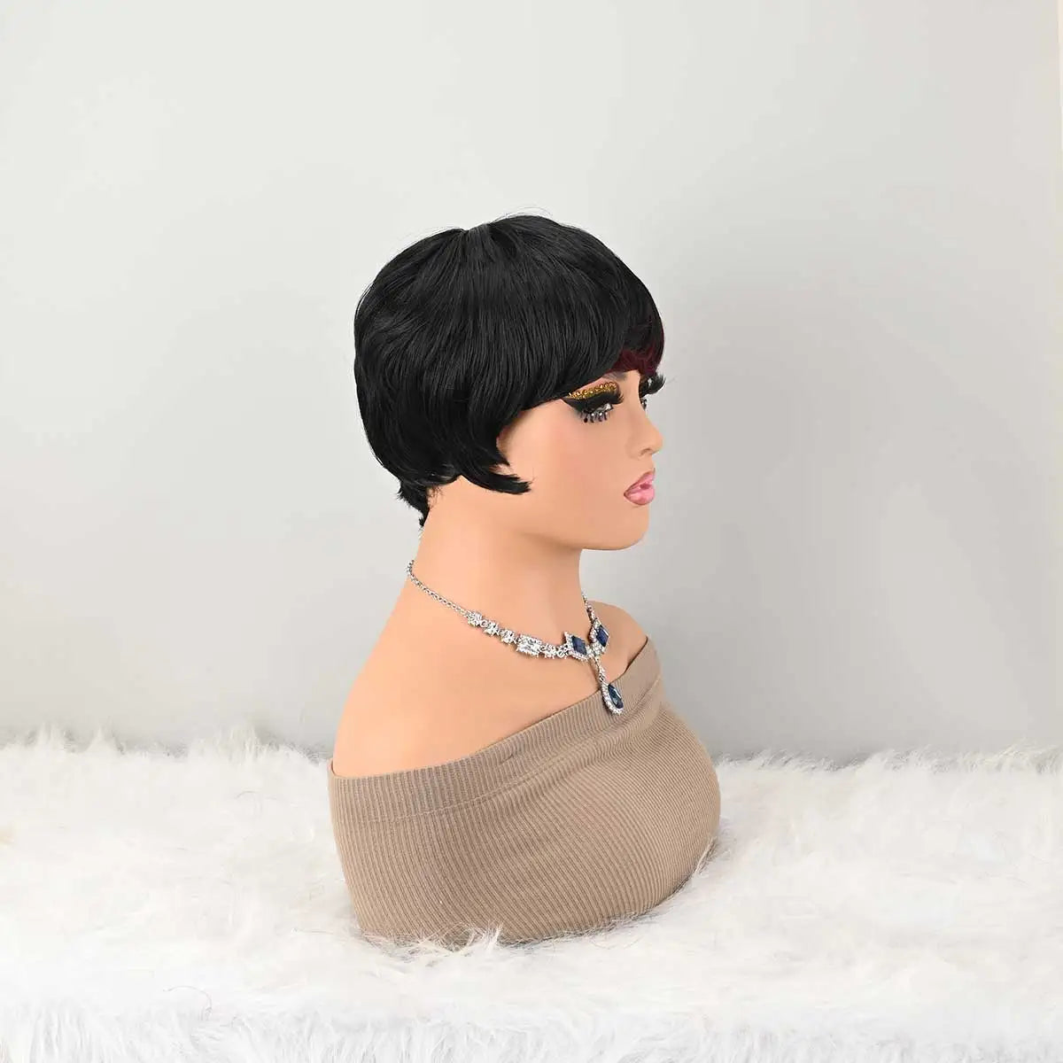 Short Bob Wig for PixieCut wigs Glueless WigNone Front Synthetic Wig withBangs Natural BlackStraight Full MachineMade Short Layered fordaily use
