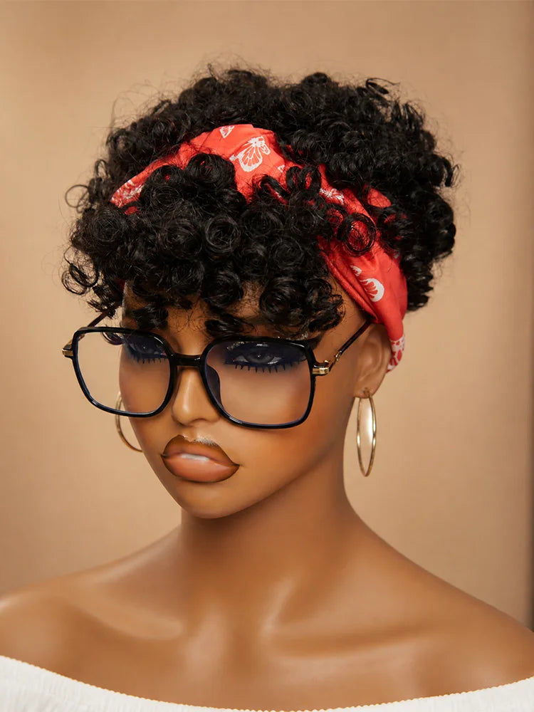 Short Afro Kinky Curly Headband Wig Glueless Ombre Turban Head Wrap Human Hair Wigs For African American Women Daily Cosplay 