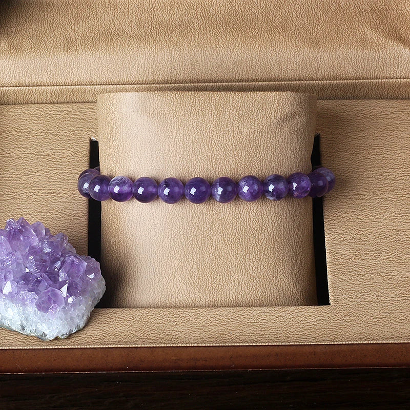Pulsera de amatista genuina con cristales naturales para mujer, pulsera de amatista hecha de cuentas de piedra natural real, purificante para el cuerpo.