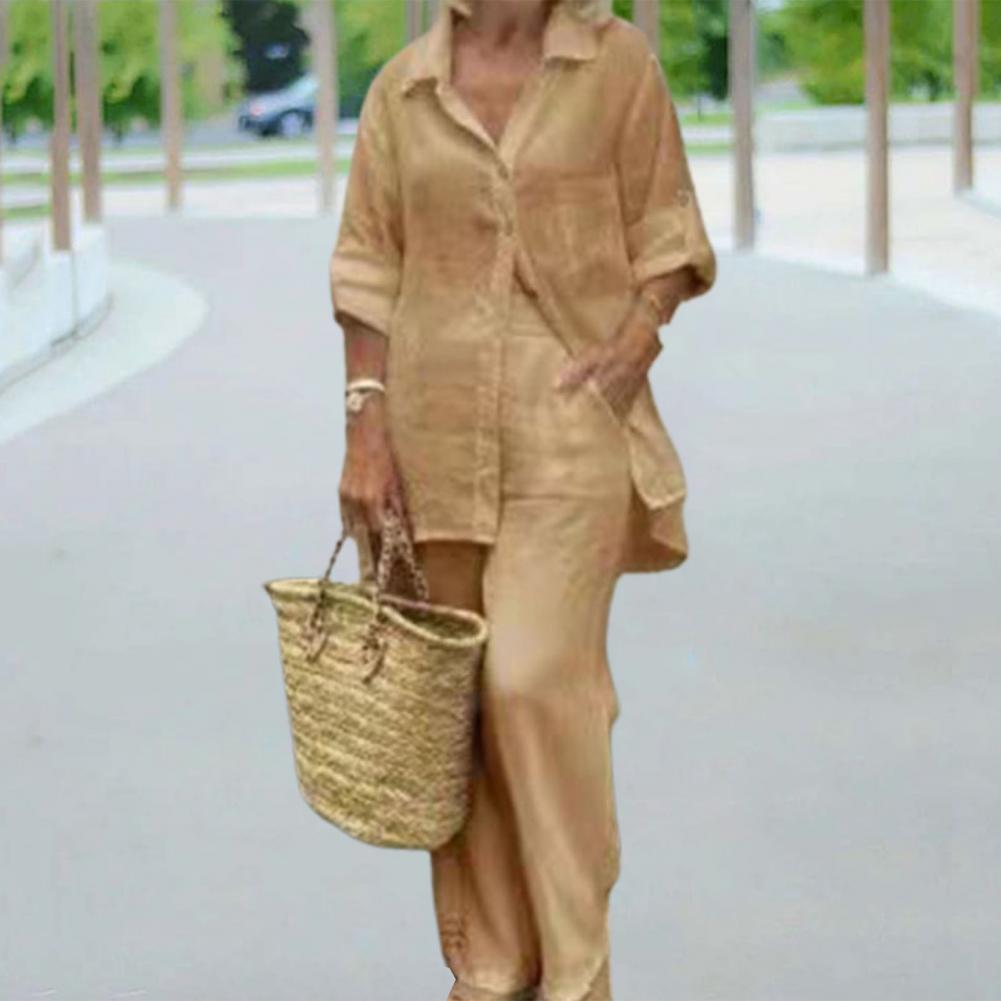 Women Pants Blouse Set Long Sleeve Solid Color Single-breasted Turn-down Collar Shirt Wide Leg Pants Suit Shirt Trousers Set