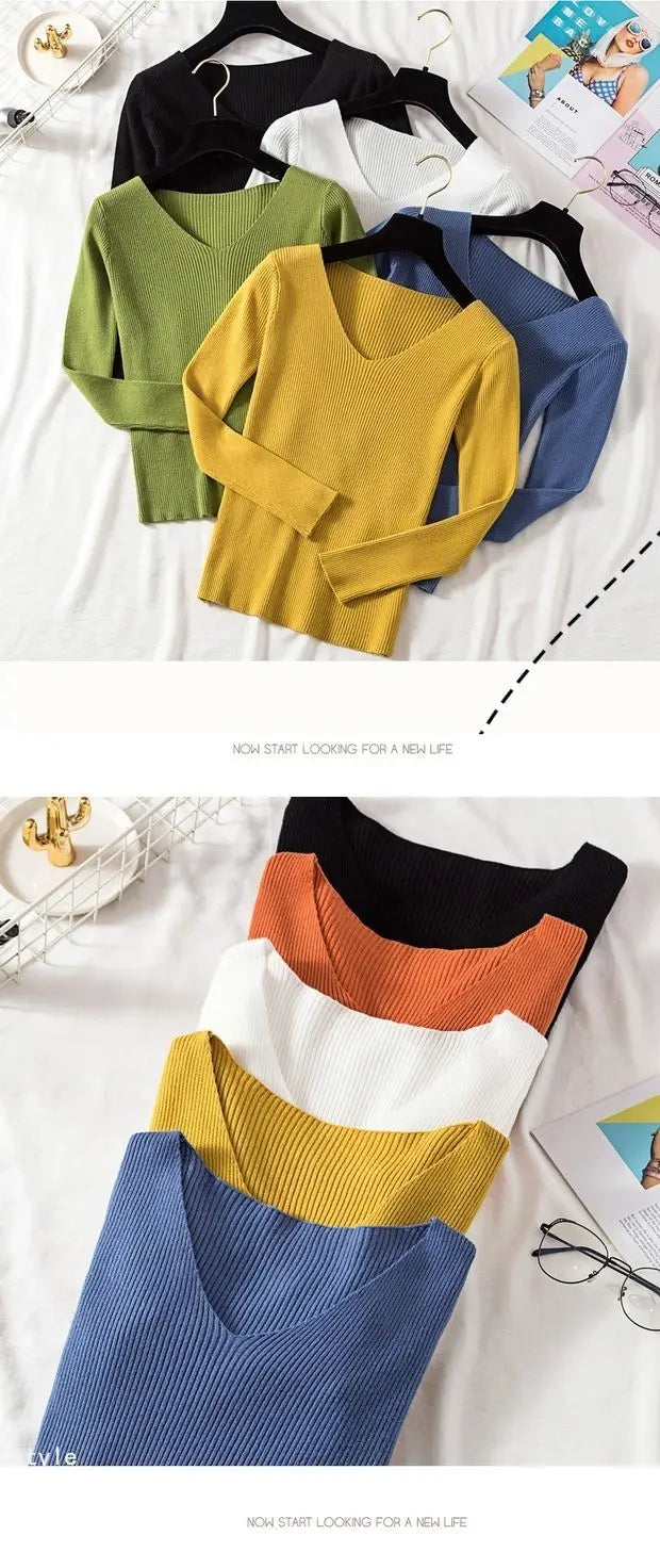 Suéter de mujer nuevo otoño invierno de manga larga jersey básico top de moda cuello en V elástico femenino invierno de punto sólido