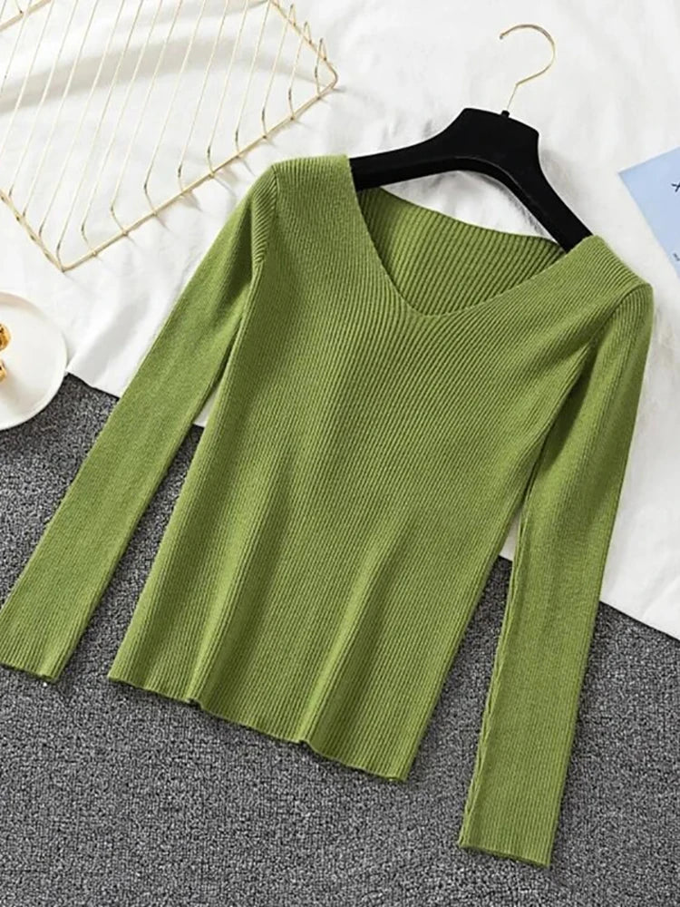 Suéter de mujer nuevo otoño invierno de manga larga jersey básico top de moda cuello en V elástico femenino invierno de punto sólido