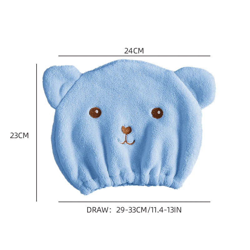 Gorro de pelo seco para mujer, de secado rápido, absorbente, de microfibra gruesa, toalla para la cabeza, gorro de ducha coreano bonito con oso bordado