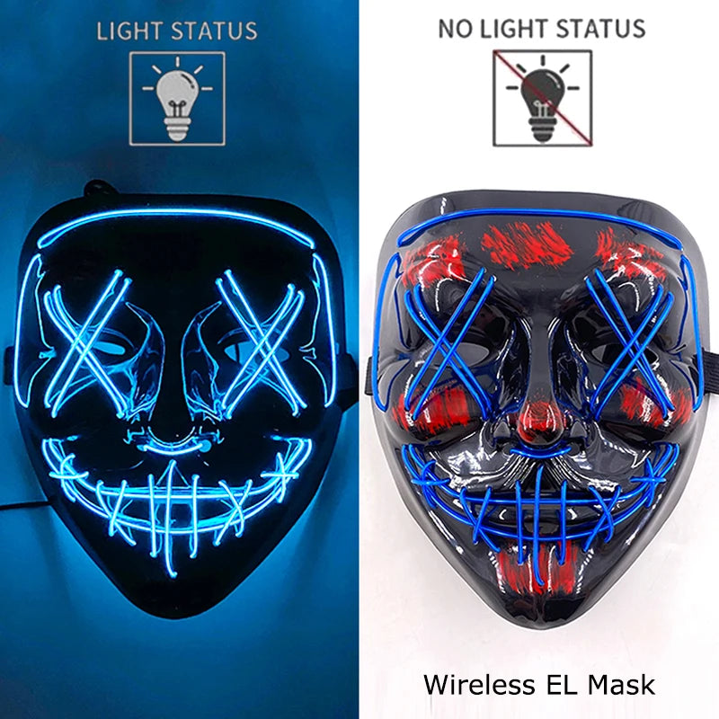 Máscara de purga LED de neón inalámbrica, que brilla en la oscuridad, máscara de cosplay de terror para Halloween, máscaras de fiesta de disfraces, accesorios luminosos divertidos