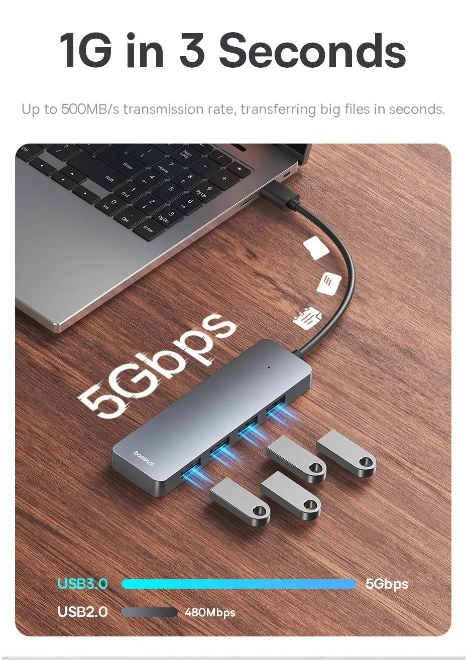 Baseus Hub USB de 4 puertos, Hub de ABS USB 3.0 para portátil, Adaptador Divisor Múltiple para Xiaomi Lenovo Macbook Accesorios de PC Ordenador