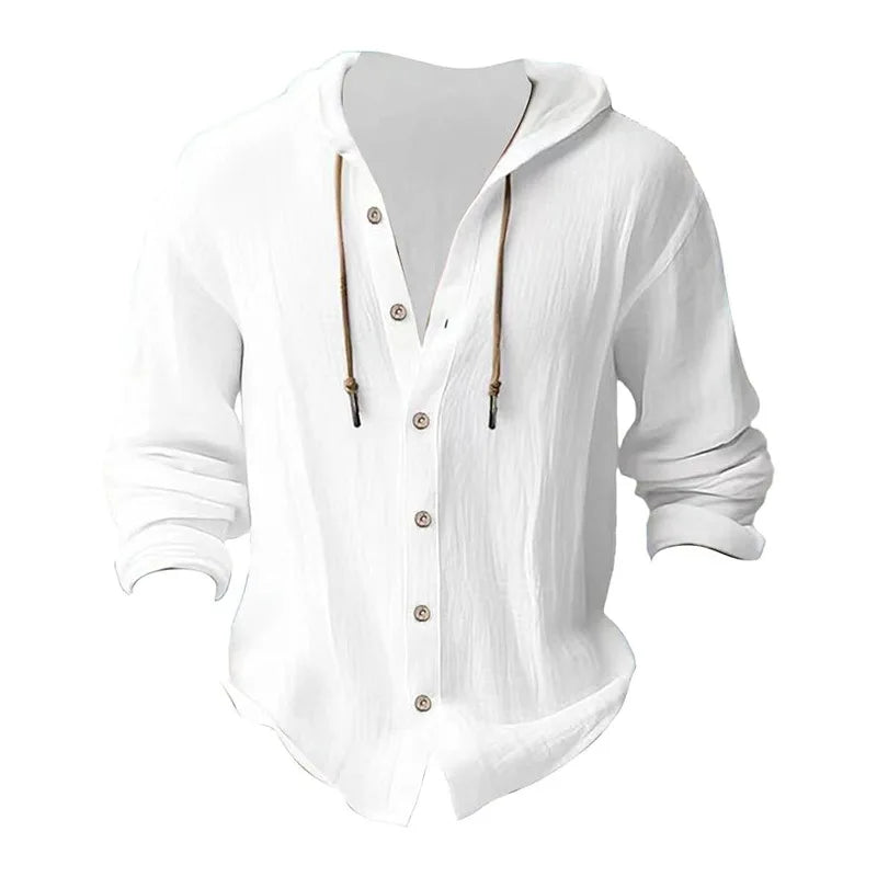 Camisas casuales de playa para hombre, de algodón y lino, con capucha, de manga larga, para hombre, holgada, de color liso, con botones, cárdigan, ropa de calle.