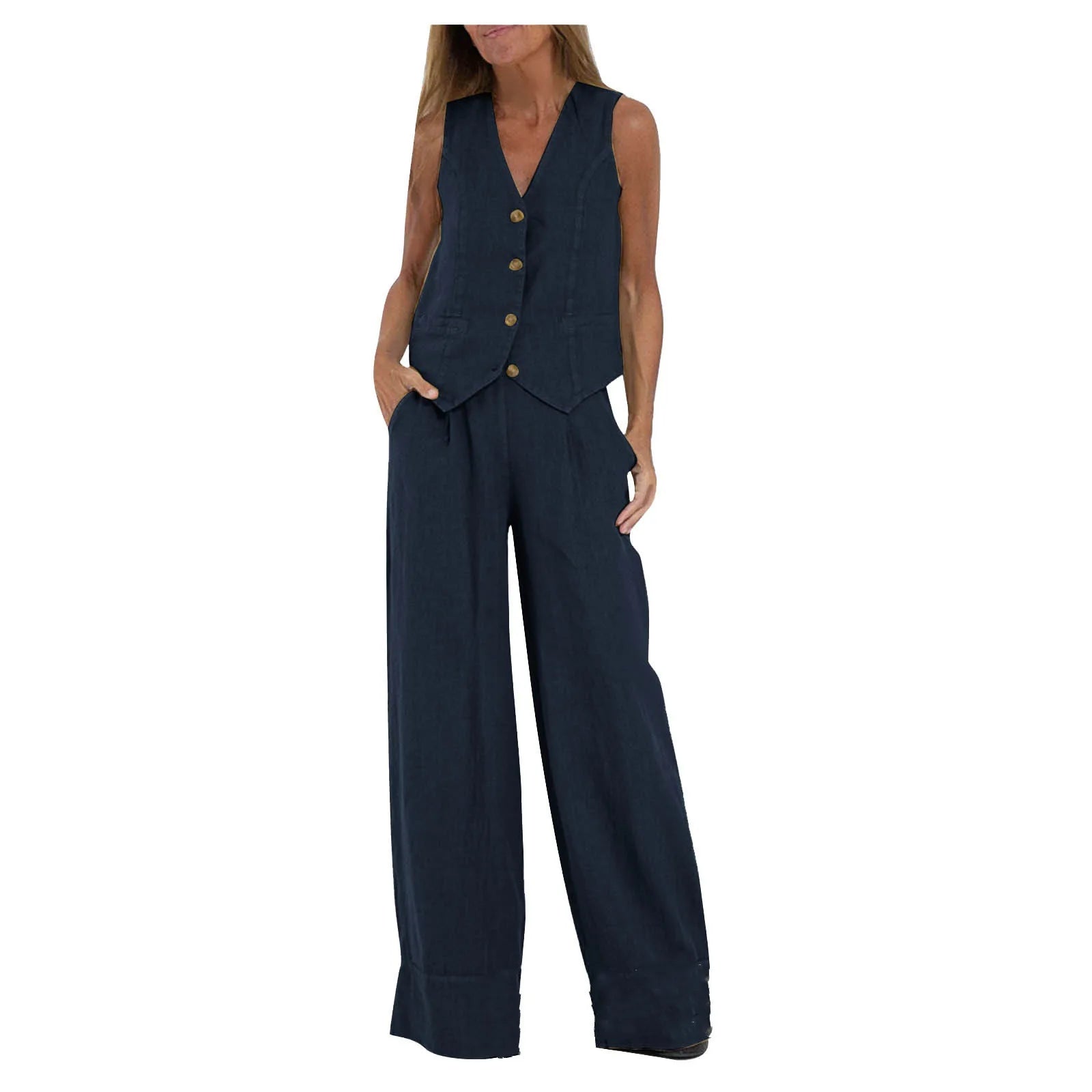 Conjuntos de chaleco y pantalón de moda para mujer, de algodón liso, traje informal, top sin mangas con botones de patchwork + pantalones, conjunto de 2 piezas para la oficina