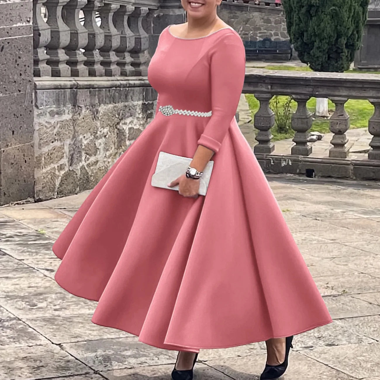 Vestidos de lujo para mujer, cuello redondo, manga larga, con cinturón en la cintura, cintura alta, plisados, línea A, hasta el tobillo, elegantes vestidos de cumpleaños para mujer