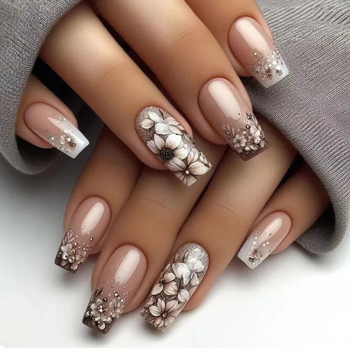 24 Piezas Uñas Postizas Ataúd Dulce Fresco Mariposa Flor Acrílico Brillo Uñas Falsas Brillantes Cubierta Completa Otoño Puntas de Uñas a Presión