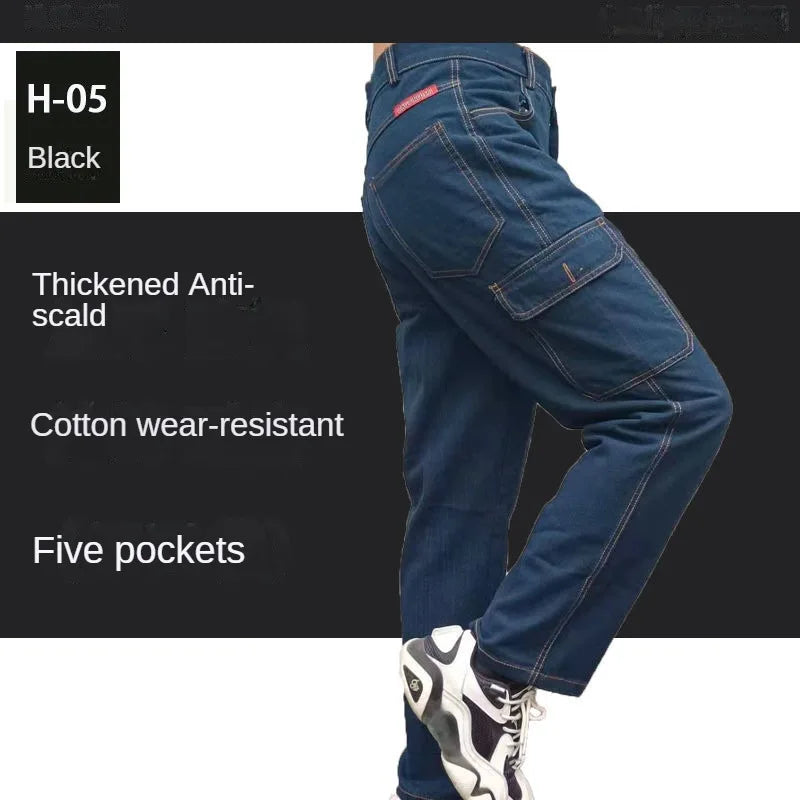 Peto pantalón ropa de hombre pantalones resistentes al desgaste anti-escaldaduras engrosamiento algodón ropa de trabajo de mezclilla pantalones de trabajo múltiples bolsillos