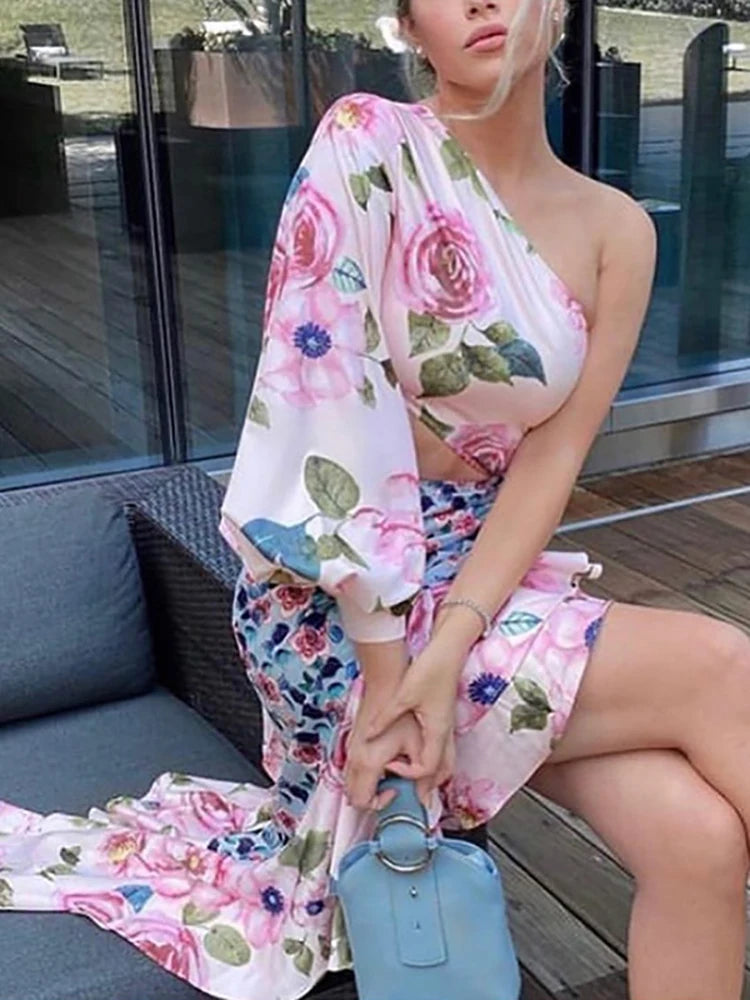 Conjunto de falda y top de dos piezas con estampado floral y volantes para mujer, elegante, de verano, falda a juego, traje de oficina, falda de trompeta elegante