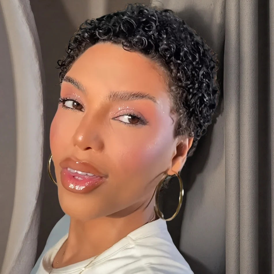 Afro Kinky Curly Pixie Cut Wig – Human Hair, Full Machine-Made