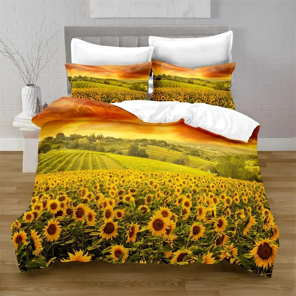 Sunflower Duvet Cover Set Yellow Flowers Lush Sunflowers In The Field Bedding Set Microfiber Botanical Floral Print Quilt Cover