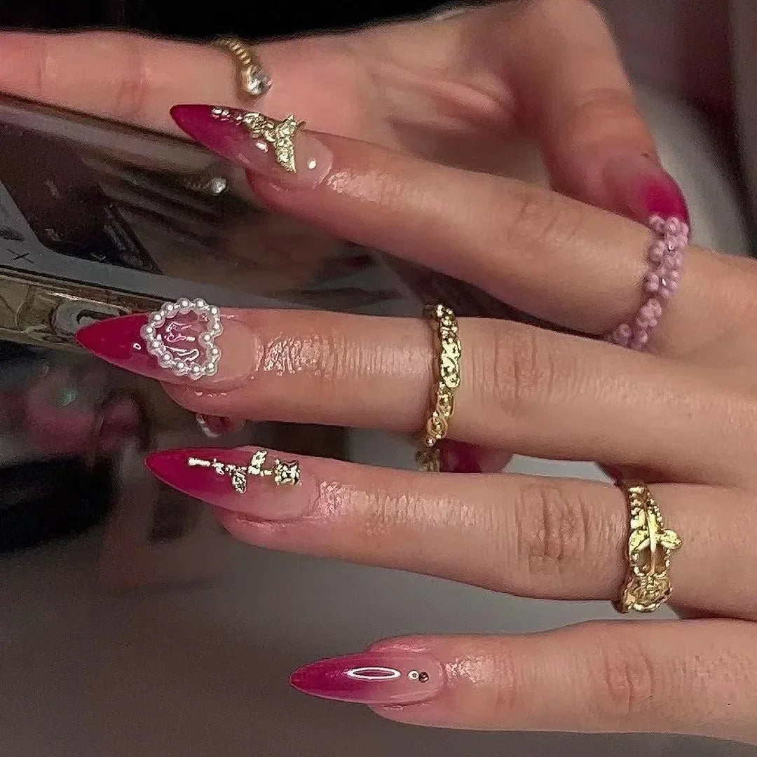 24 uñas postizas de almendra en ojo de gato rosa con diseños de corazón y fresa – Uñas acrílicas brillantes adhesivas para mujeres y niñas