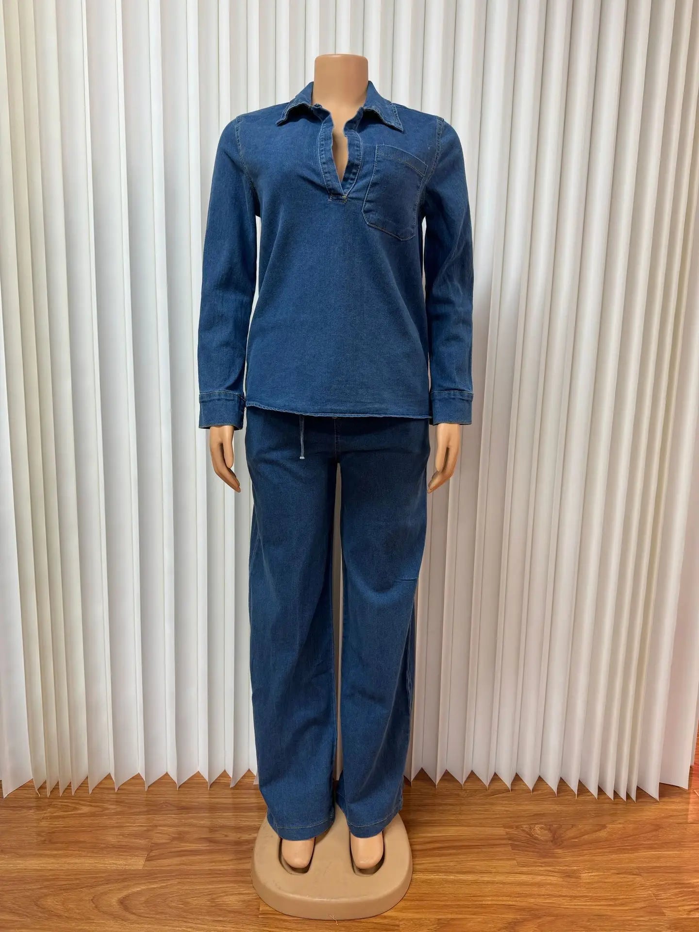 Conjunto de pantalón de mezclilla para mujer, dos piezas, cuello vuelto, camisa de jeans para mamá, tops, pantalones largos de pierna ancha, pantalones rectos, ropa de calle Y2k
