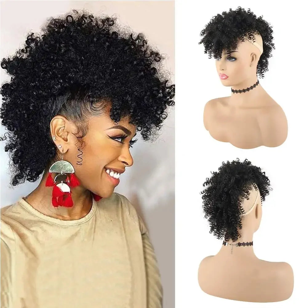 Queue de cheval synthétique Tereshar Afro High Puff avec frange courte queue de cheval bouclée crépue Chignon queue de cheval Mohawk avec frange pour les femmes noires