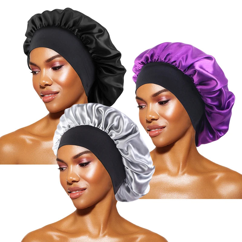 Gorros de satén lisos para mujer, con ala ancha, para dormir, bañarse, gorro unisex, con banda elástica, para el cuidado del cabello