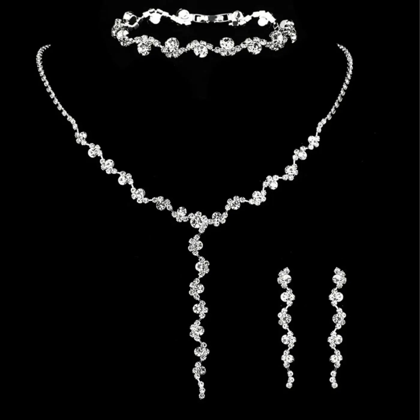 Conjunto de 4 piezas de joyería de moda europea y americana para mujer, collar con diamantes de imitación, pulsera, pendientes, accesorios para vestido de novia