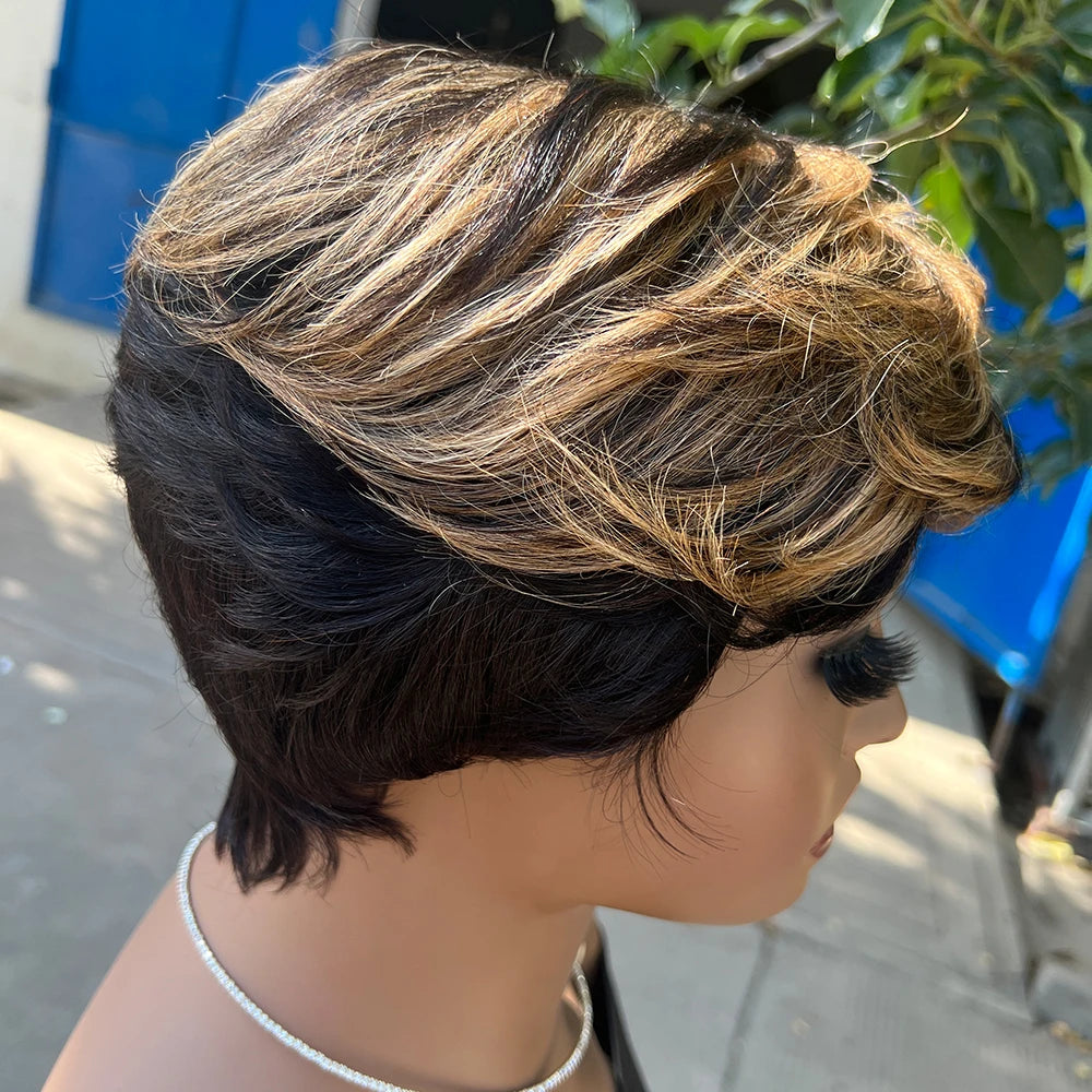 Pelucas de Cabello Humano Peluca Corta Pixie de Cabello Humano para Mujeres Negras Pelucas Hechas a Máquina con Flequillo Peluca Pixie Perruque Cheveux Humain