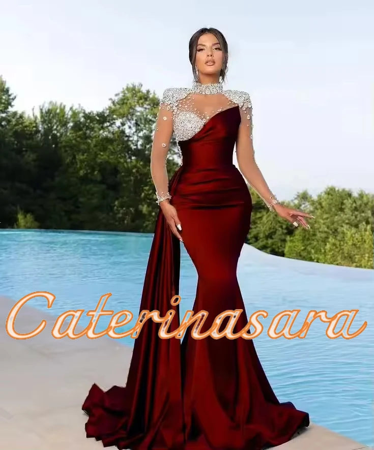 Vestidos de Noche de Lujo de Cuello Alto para Mujer, Sirena, 2024, Mangas Largas Transparentes, Vestidos de Fiesta de Boda, Graduación