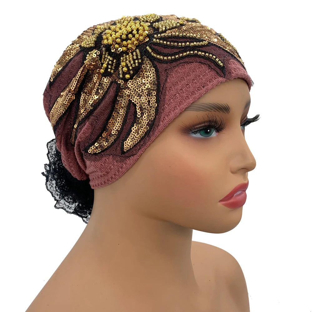 Sombrero turbante de encaje floral con diamantes de lujo, transpirable, pañuelo, gorro, envolturas para la cabeza, gorro de punto para mujer, cubierta para el cabello