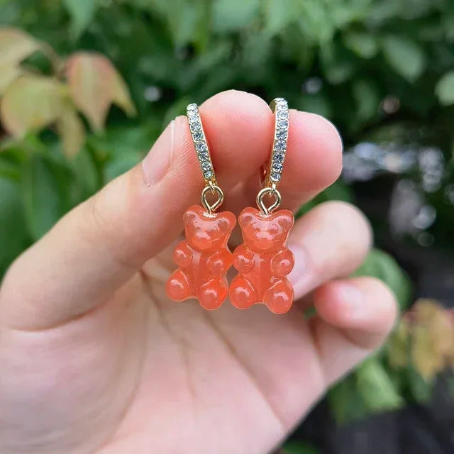 Pendientes colgantes de oso de gominola de acrílico bonitos para mujer, pendientes de aro de oso arcoíris CZ, joyería dulce de niña, moda coreana 2022