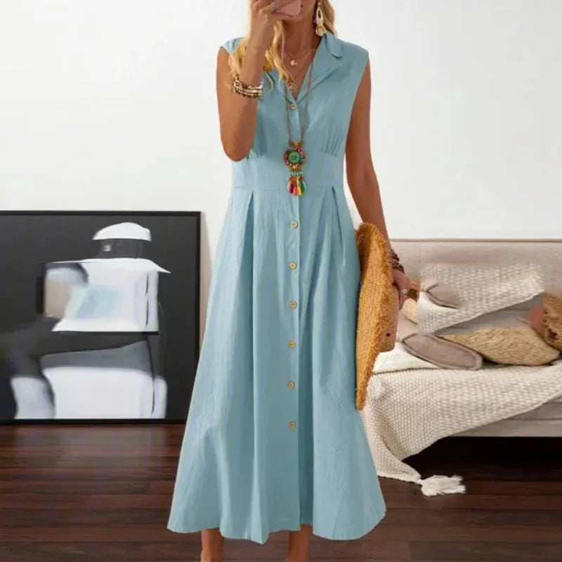 Nuevos Vestidos Moda Femenina Solapa Línea A Vintage Lino Algodón Falda Larga Ropa de Mujer Blusas