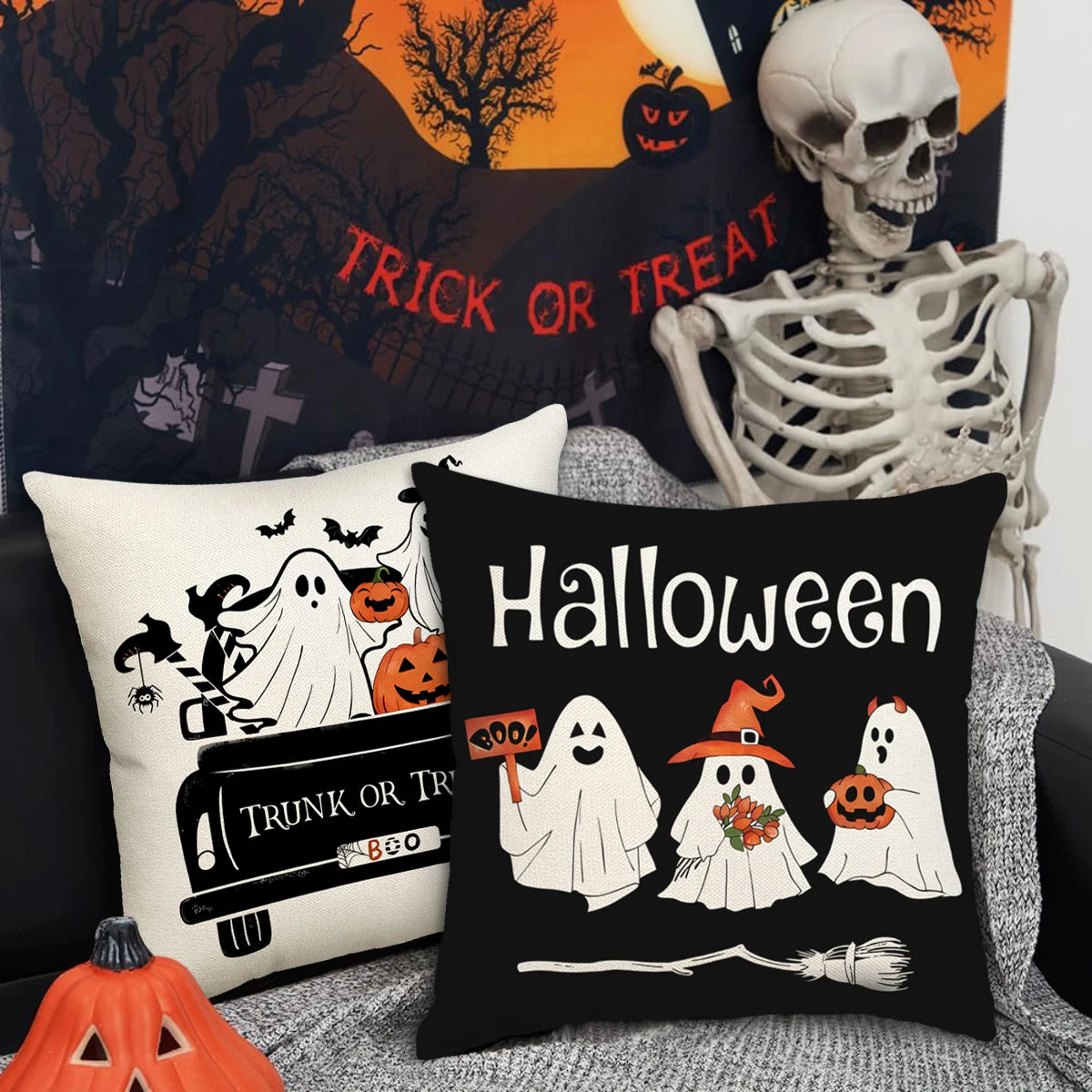 1 ud./4 Uds. Funda de almohada decorativa de Halloween, funda de cojín de truco o trato, fantasma, cabeza de calabaza, funda de cojín de sofá con decoración de murciélago