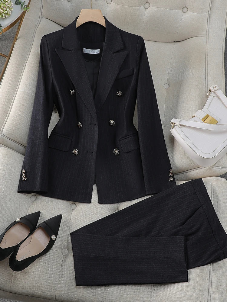 Traje de pantalón para mujer, para oficina, trabajo, conjunto de 2 piezas, blazer formal a rayas negras y azules y pantalón