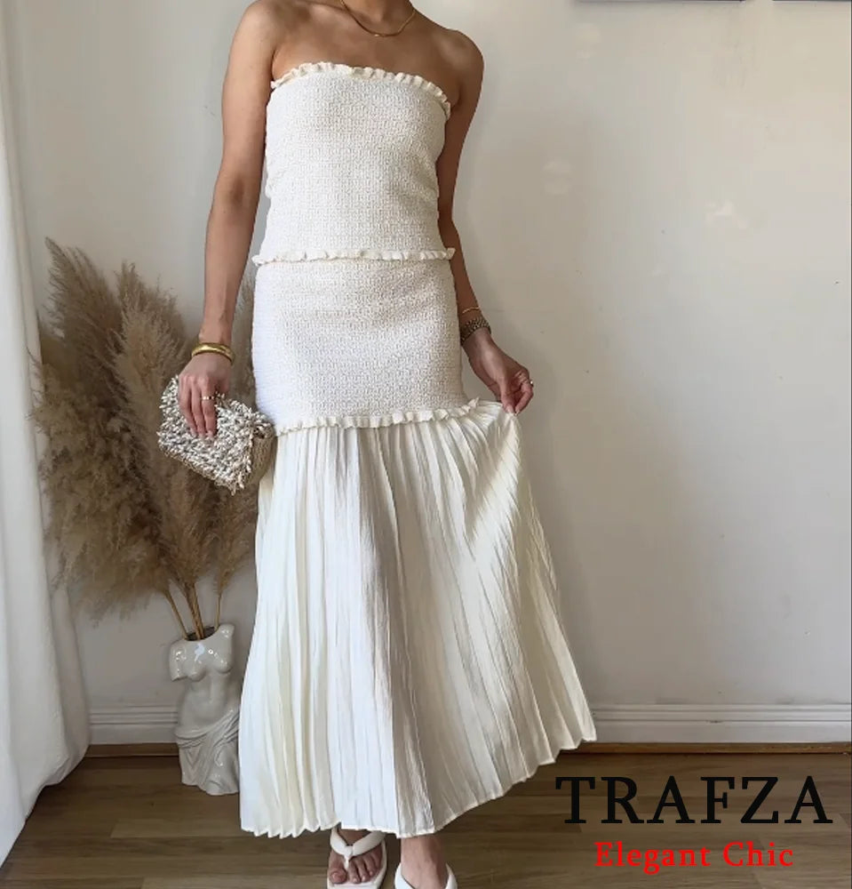 TRAFZA Conjunto elegante y chic de falda para mujer: top estilo "bandeau" o falda midi o top de manga corta. Conjunto para las vacaciones románticas de primavera-verano 2025.