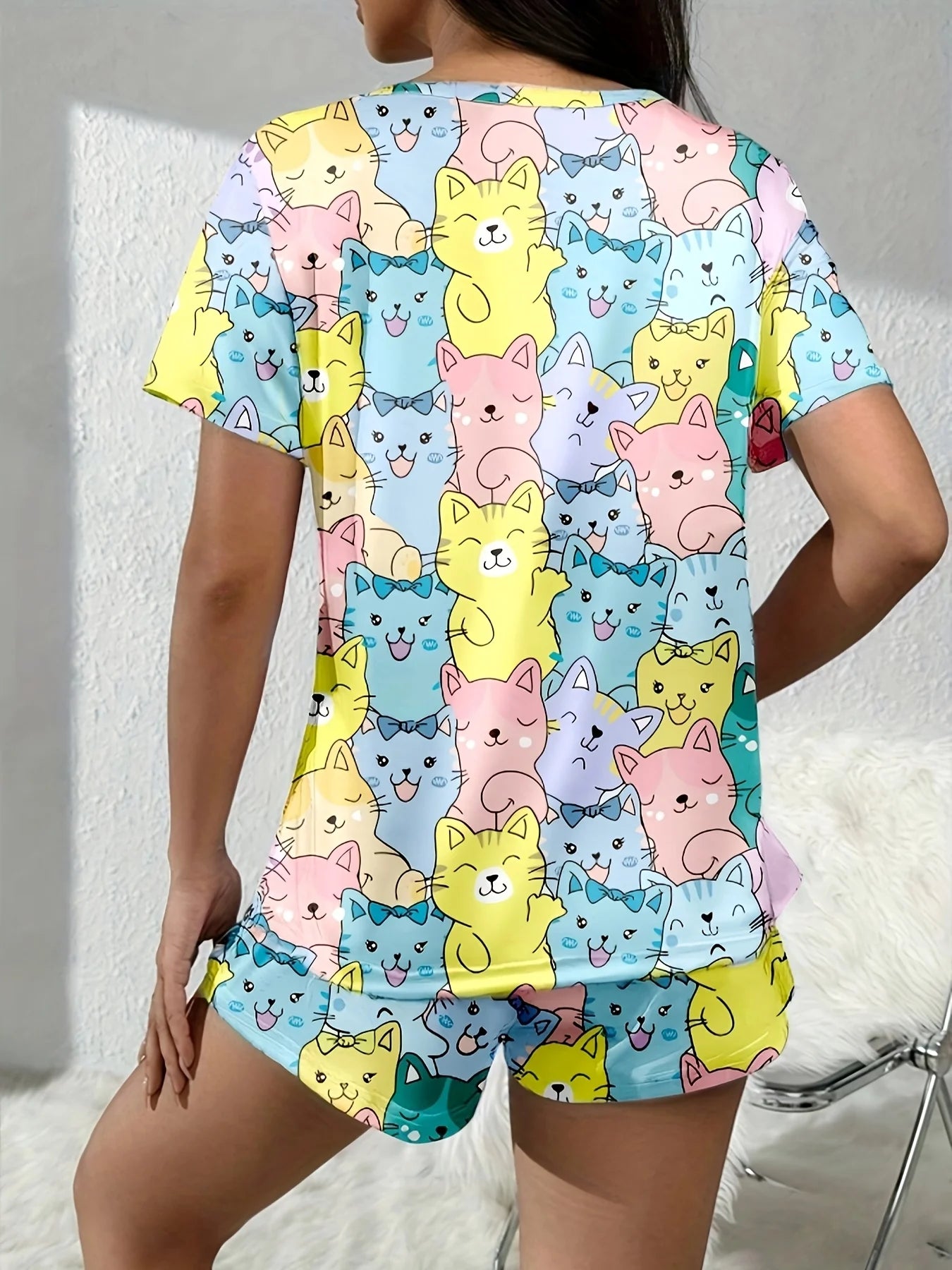 2-Piece Size Women's Summer Pajamas for Women, Casual, Romantic and Cute Printed Pajamas, Short-Sleeved Shorts Set