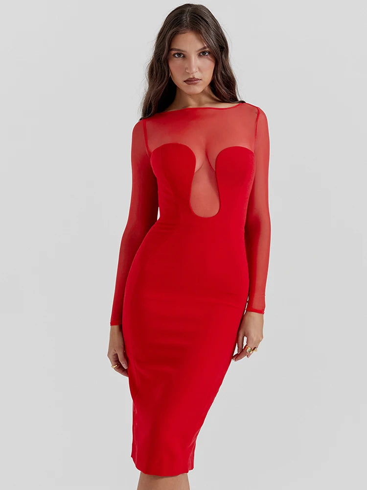 Articat Sexy Malla Patchwork Vestido Rojo de Navidad Mujer Manga Larga Ajustado Perspectiva Vestido de Noche Elegante Fiesta Club Vestidos