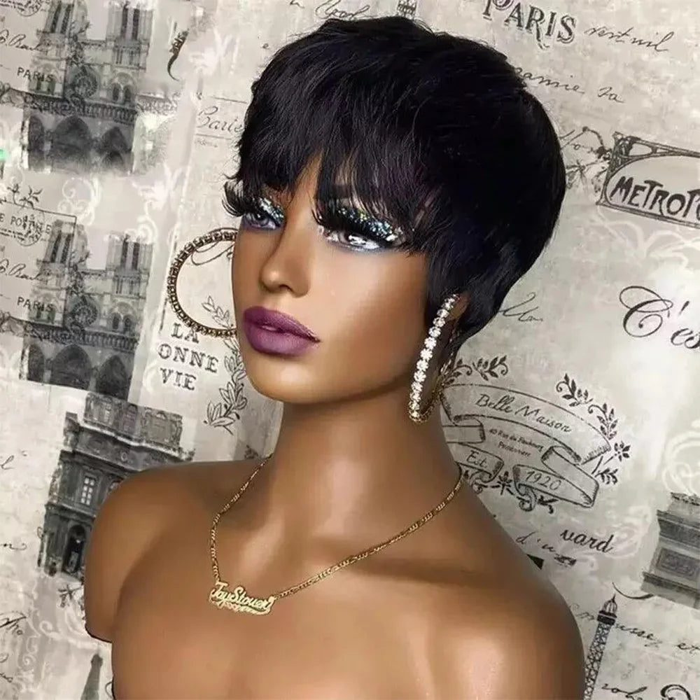 Pelucas de corte pixie Pelucas de cabello humano Peluca corta de corte pixie de cabello humano para mujeres negras Pelucas hechas a máquina con flequillo