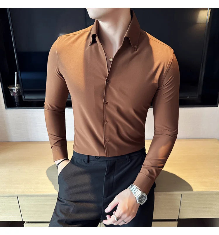 Camisa de vestir de hombre Otoño Estilo británico Liso Casual Ajustado Formal Camisas Cuello en V Manga Larga Camisa Ropa de hombre Streetwear