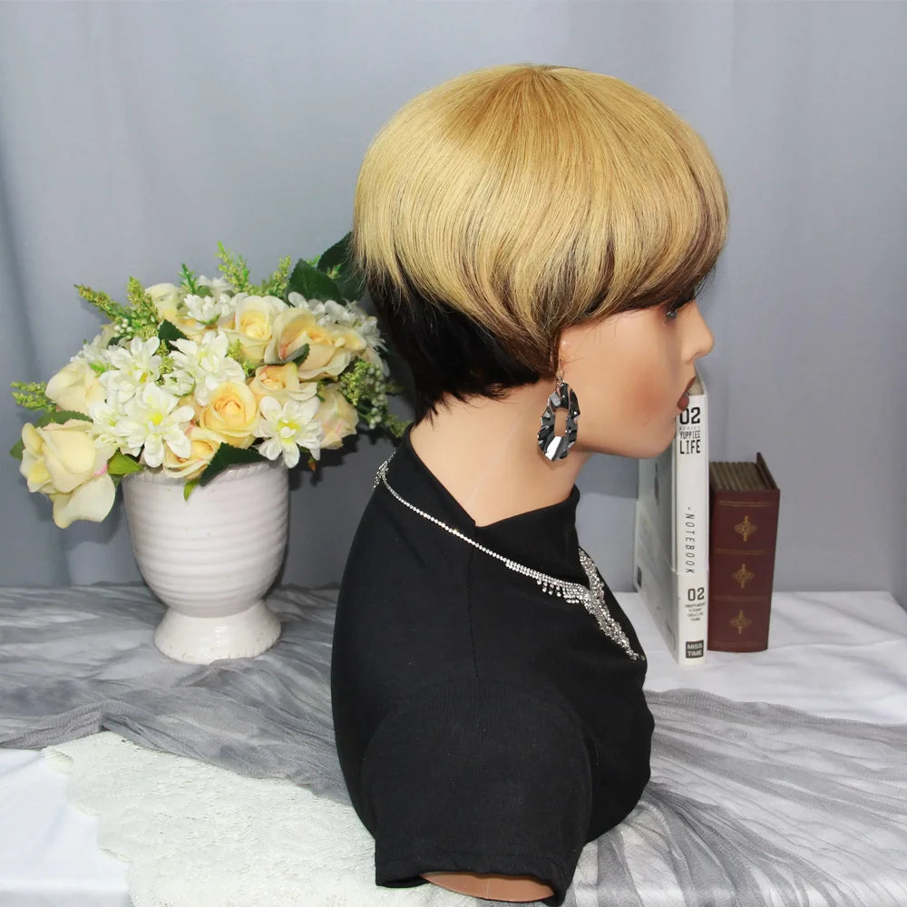 Highlight Blonde Wigs Pixie Cut Wigs Human Hair Short BobHuman Hair Full Machine Wigs Glueless Wigs Human Hair