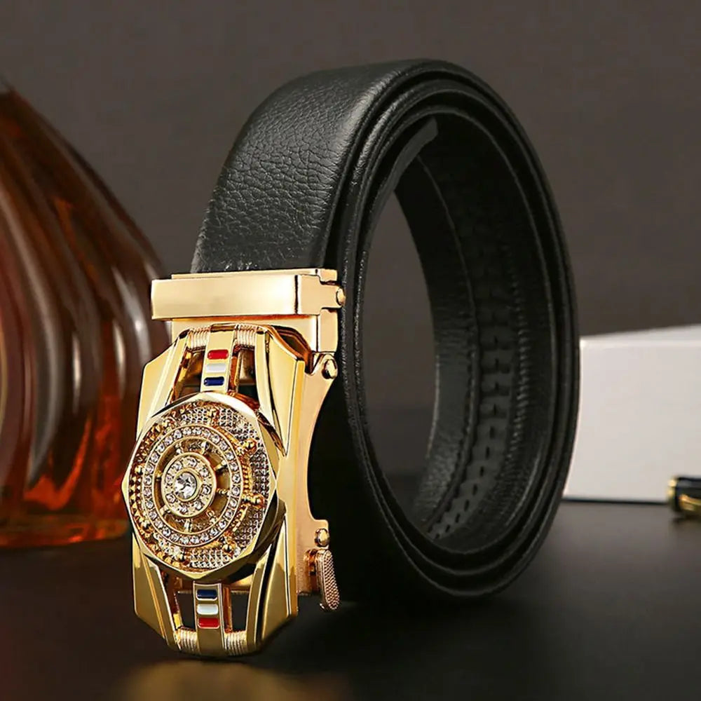 Men’s Luxury Leather Belt – Golden Elegance with Automatic Buckle & Rhinestone Detail