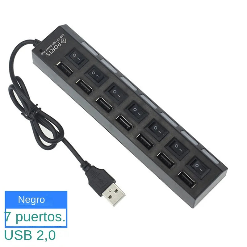 HUB USB de 7 puertos con interruptor USB, adaptador divisor USB de alta velocidad, HUB múltiple USB2.0 con interruptor de encendido/apagado para computadora portátil