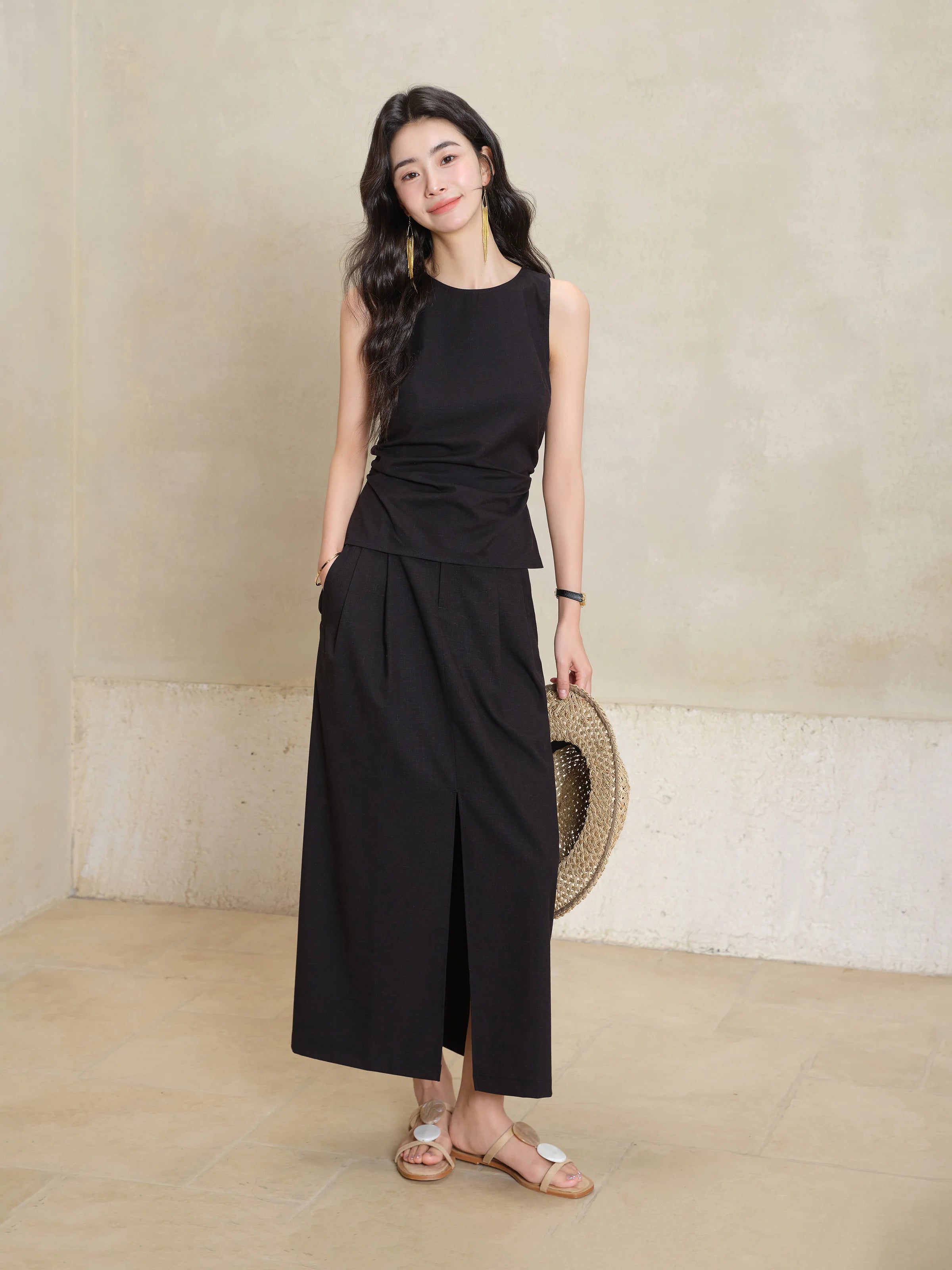Conjunto de dos piezas de top y falda sin mangas para mujer, corte delgado, top con bajo dividido y falda maxi recta, conjunto elegante a juego de verano