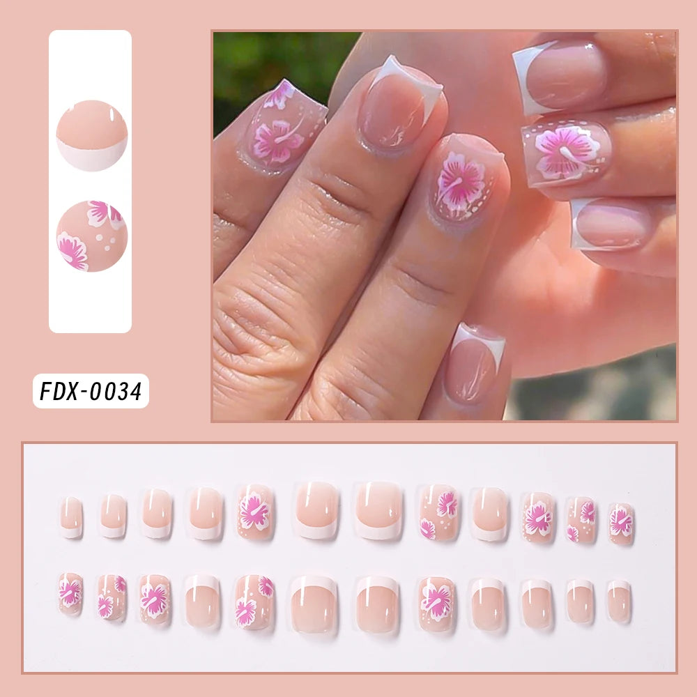 Uñas postizas de leopardo rosa de 24 piezas con punta francesa, cabeza cuadrada corta, lazo negro 3D, uñas postizas acrílicas de cobertura completa a presión