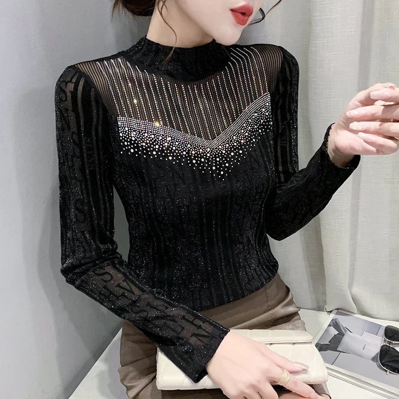 Jersey de cuello alto de malla Otoño Invierno – Elegante y elástico