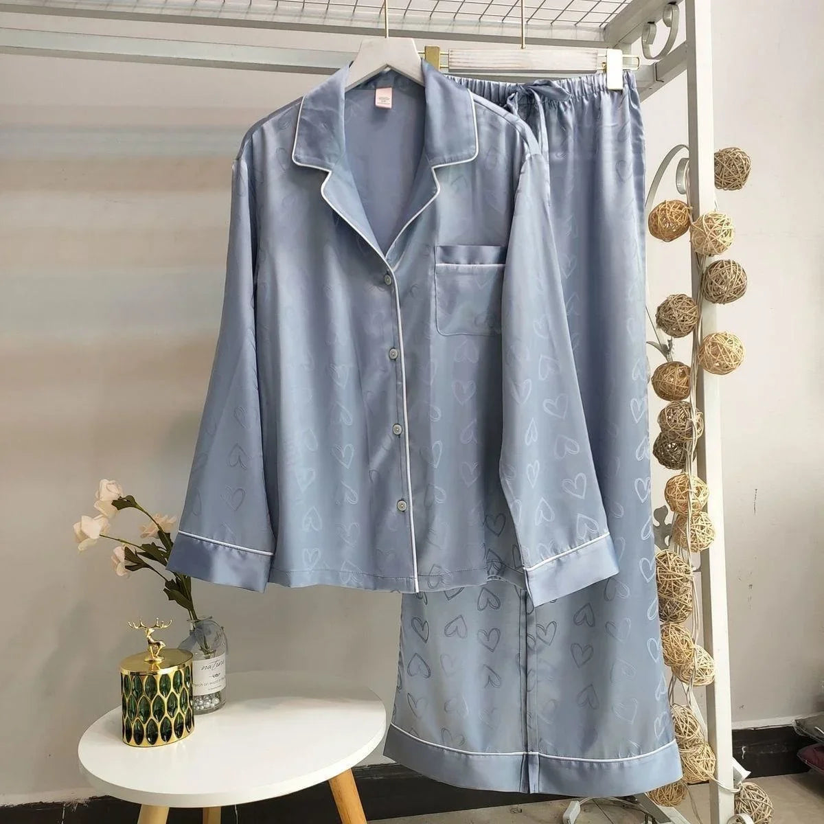 Conjuntos de pijama de verano de 2 piezas para mujer, de satén y seda fina, pijama a rayas, ropa de dormir, pantalones de manga larga, ropa de casa