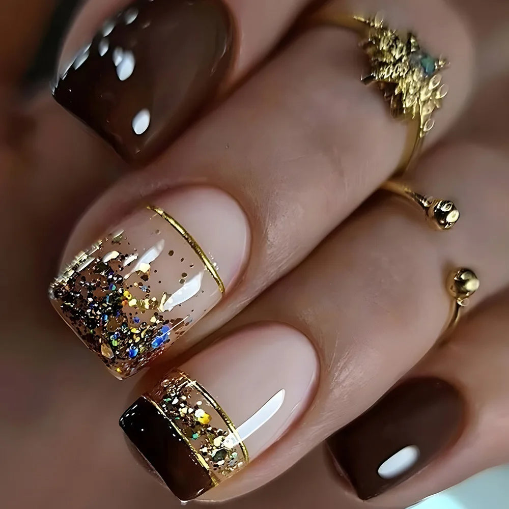 24 Uñas postizas simples con diamantes rotos, cortas, cuadradas, a presión, con diseño de ballet, cobertura completa, color blanco degradado
