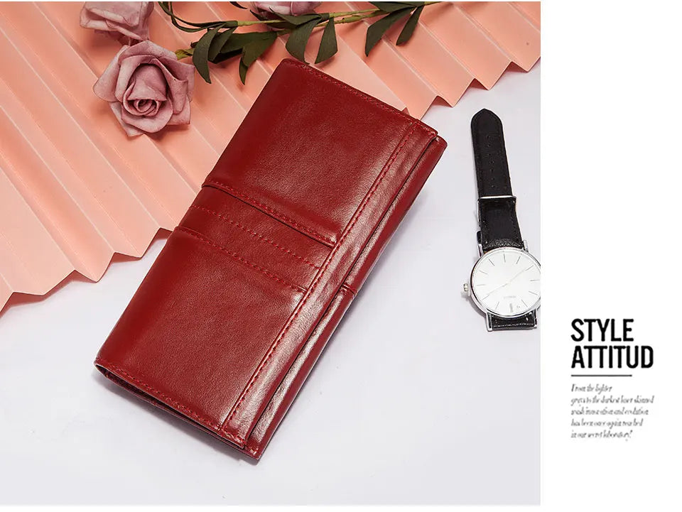 KAVIS Cartera de cuero genuino de marca de lujo para mujer, embrague largo con bolsa para teléfono celular, RFID, moda, rojo, tarjetero, bolso
